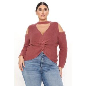 Full Circle Trends Knot Yours Cold Shoulder V-neck Cut-out Sweater - Marsala Siz